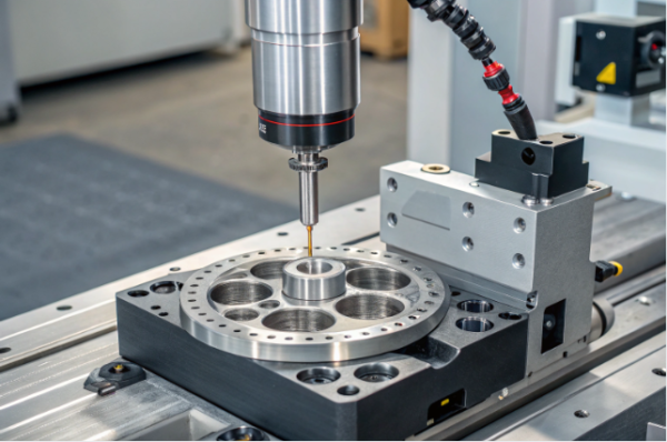 This image shows a close-up of a CNC machine equipped with a probe or precision tool, working on a metallic component featuring a circular array of holes and a central hub. The part is securely fixed in place on the machine bed, and the surrounding equipment highlights advanced automation and quality control in modern manufacturing. The environment is clean and organized, emphasizing accuracy and high-tech engineering.