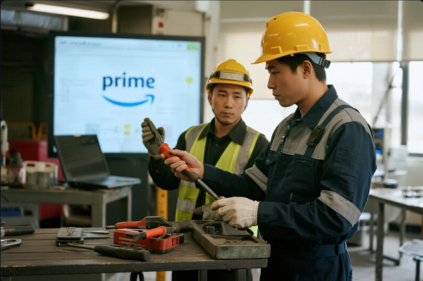 This image shows two male engineers or technicians wearing yellow hard hats and protective work uniforms in an industrial workshop. One is examining a tool, while the other observes attentively. Various hand tools are spread out on the workbench in front of them. In the background, a large screen prominently displays the "prime" logo, and a laptop sits on a secondary table, suggesting a blend of hands-on technical work and digital workflow or presentation. The workshop is well-lit and organized, emphasizing professionalism and teamwork.