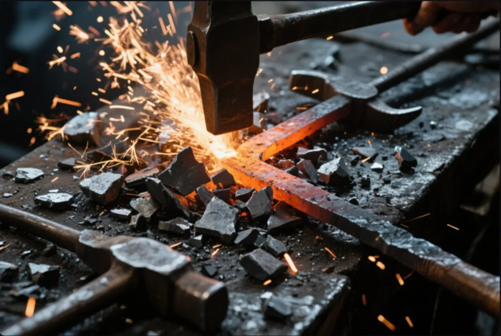 A blacksmith hammering a glowing metal piece, with sparks flying, showcasing the intense heat and craftsmanship involved in the forging process.
