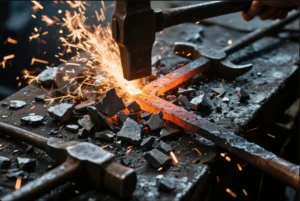 A blacksmith hammering a glowing metal piece, with sparks flying, showcasing the intense heat and craftsmanship involved in the forging process.