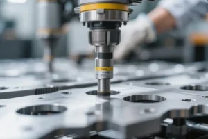 Close-up of a CNC machine drilling precise holes into a metal sheet, showcasing high-precision manufacturing and advanced equipment.