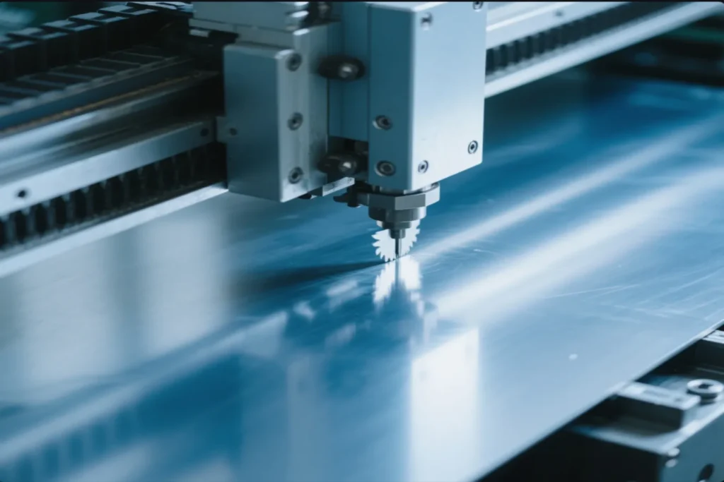 Close-up of a CNC machine cutting through a metal sheet with a precision saw, highlighting the advanced cutting technology used in metalworking.