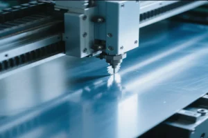 Close-up of a CNC machine cutting through a metal sheet with a precision saw, highlighting the advanced cutting technology used in metalworking.