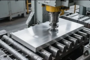 CNC milling machine machining a large aluminum plate, showcasing precision manufacturing with advanced equipment in an industrial workshop.