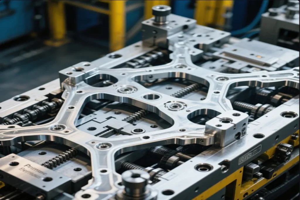 Close-up of custom metal stamping die tooling, showcasing precision-machined components and intricate mechanical design for high-volume manufacturing.
