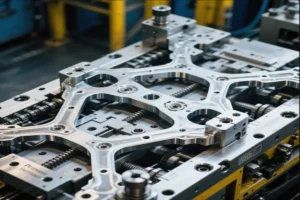 Close-up of custom metal stamping die tooling, showcasing precision-machined components and intricate mechanical design for high-volume manufacturing.
