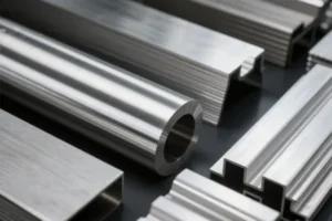 Various custom metal parts including cylindrical rods, rectangular profiles, and structural components, showcasing precision manufacturing and machining in an industrial setting.
