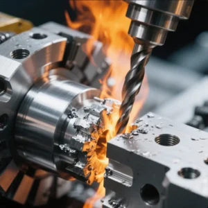 Close-up of a drill bit cutting metal with sparks flying, showing high heat and precision during a machining process.