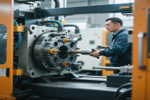 Close-up of an engineer operating a CNC machine, showcasing precision manufacturing and machine setup.