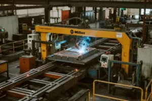 Industrial robotic welding machine with Miller branding working on a metal part, showcasing automation in a heavy manufacturing environment.