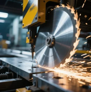 Close-up view of a metal cutting machine with a circular saw blade cutting through metal, creating sparks in an industrial setting.