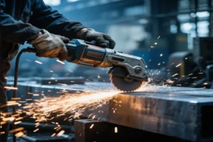 Close-up view of a worker using a metal cutting tool with sparks flying, cutting through a metal block in an industrial workshop.