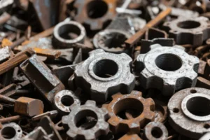 Close-up of a pile of various metal parts and gears, showcasing rusted and unfinished components in an industrial setting.