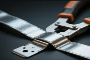Close-up of a metal strip cutting tool with clamps, showing precision cutting of metal strips used in CNC machining for custom part fabrication.