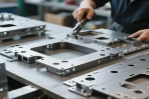 Close-up of a worker assembling precision metal parts with a tool, showcasing high-quality manufacturing in an industrial setting.