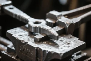 Close-up of a forged metal tool with precise details, resting on an anvil, showcasing the craftsmanship and finish of the forging process.