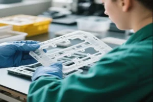Close-up of a worker handling a white plastic part, showcasing detailed inspection and assembly in an industrial setting.