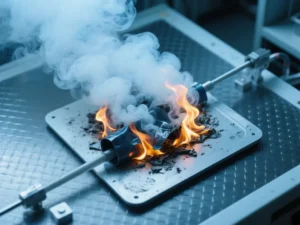 Plastic part being subjected to high heat and flame in a manufacturing process, with smoke and fire surrounding the component.
