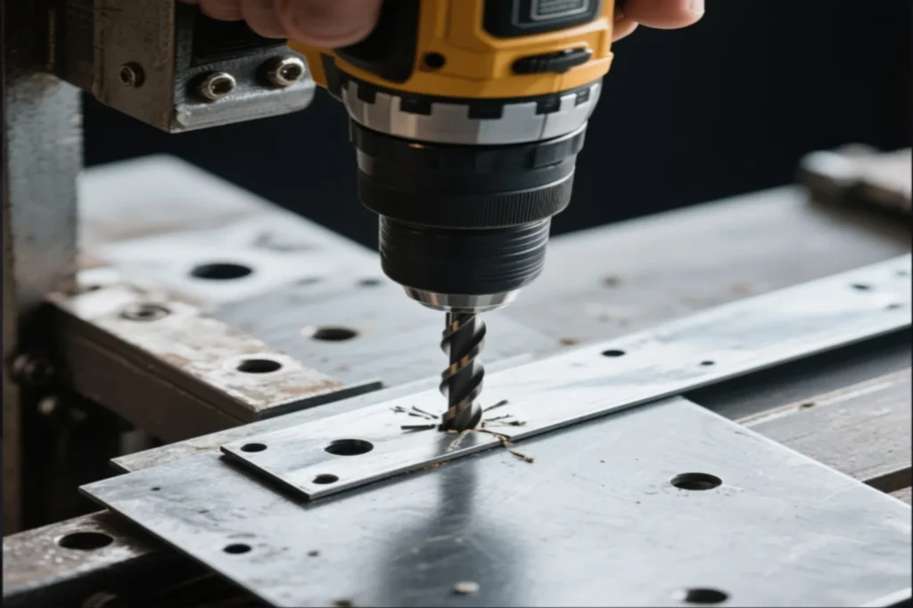 Close-up of a power drill drilling into a metal sheet, showcasing the precision and control required in metalworking and fabrication.