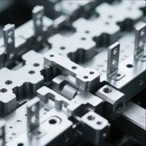 Precision CNC machined aluminum parts in a fixture, showing tight-tolerance holes, threaded features, and clean milled surfaces for OEM component manufacturing.