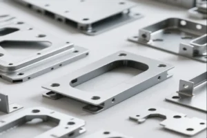 Close-up view of various precision CNC machined metal parts with detailed cutouts and holes, showcasing fine craftsmanship in industrial manufacturing.