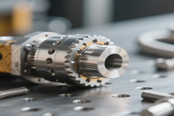 Close-up view of a precision CNC machine part with a toothed gear and threaded hole, showcasing high-quality manufacturing and machining.