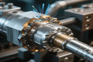 Close-up view of a CNC machine in action, highlighting precision threading and machining of a metal part.