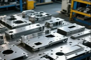 Close-up of precision-machined metal parts with holes, showcasing high-quality manufacturing and metalworking processes.