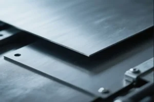 Close-up view of metal sheets in a precision manufacturing process, highlighting the smooth surfaces and edges of the metal components.