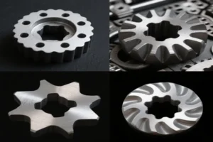 Close-up view of various metal gears with star-shaped teeth, showcasing high-precision manufacturing and intricate design.
