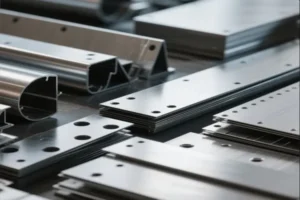 Close-up of precision-cut metal parts, including various profiles and holes, showcasing high-quality industrial manufacturing processes.