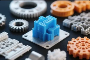 Close-up of 3D printed parts in various shapes and colors, showcasing intricate designs like gears, components, and architectural models.