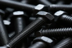 Close-up of black-coated industrial bolts with visible threading and hexagonal heads, showcasing the precision and quality of fasteners used in manufacturing.