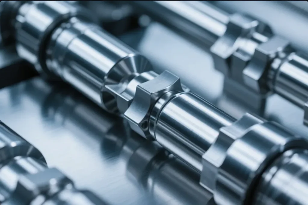 Precision CNC machined metal components showing high-quality manufacturing with intricate details and smooth surfaces.