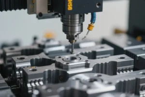 Close-up of a CNC machine drilling into metal parts, showcasing high-precision machining on aluminum components in an industrial environment.