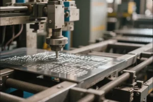 CNC machine precision cutting metal sheet in a factory setting, highlighting the process of metal stamping with high-tech equipment.