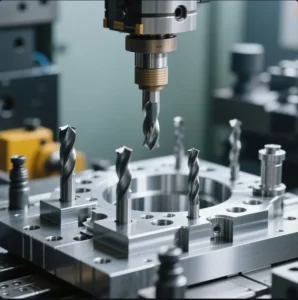 Close-up of a CNC milling machine with a drill bit, processing metal parts with precision on a manufacturing workbench.