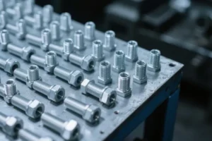 Custom metal fasteners, featuring threaded bolts and nuts in a factory setting, arranged neatly on a metal tray for industrial use.