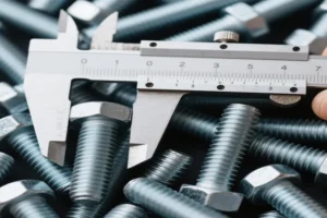 Vernier caliper measuring a threaded bolt amidst a pile of bolts, showcasing precise fastener sizing for industrial quality control.