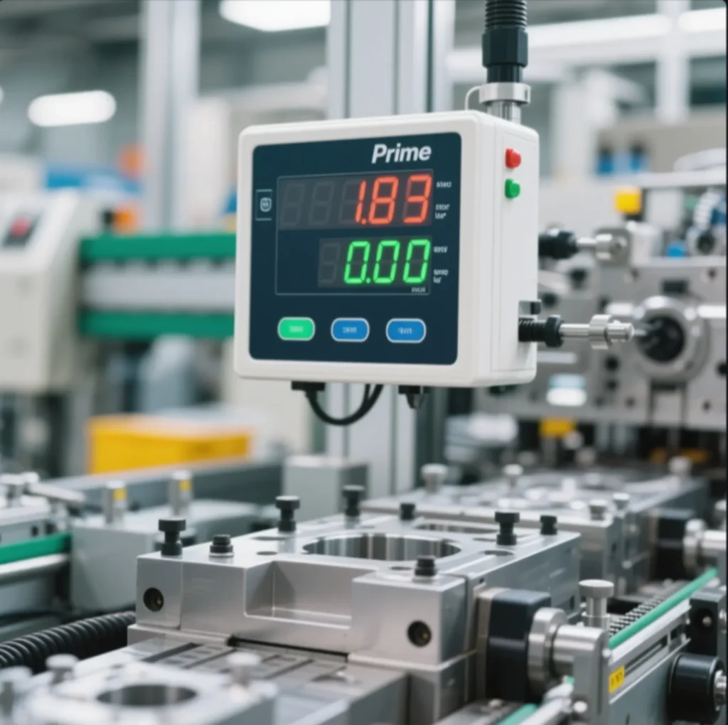 Close-up of a digital measurement device displaying data on a production line, with a focus on precision and real-time quality control in manufacturing.