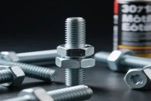 Close-up of galvanized bolts with nuts, showcasing threaded fasteners for industrial applications with a focus on surface finish and durability.