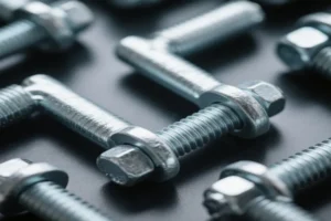 Close-up of galvanized metal bolts with nuts, showcasing high-quality threads and corrosion-resistant finish for industrial use.