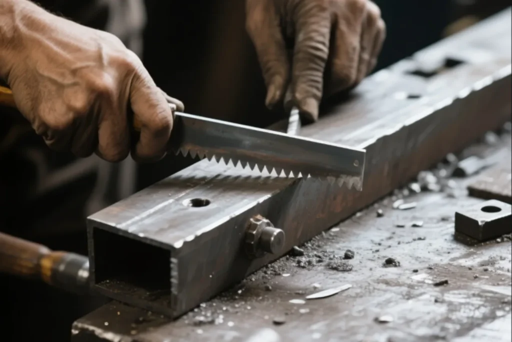 Worker hand-deburring a steel tube with a metal file, smoothing sharp edges and removing burrs during fabrication and finishing.