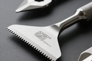 Close-up of a serrated hand deburring scraper tool on a workbench, used for removing burrs and smoothing metal edges after cutting or machining.