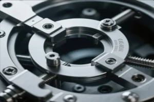 Close-up view of a high-precision industrial assembly featuring threaded bolts, nuts, and clamping components, showcasing durable metal construction.