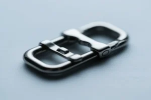 Close-up of a high-quality metal clasp, showcasing the intricate design and durable construction used in fashion accessories and industrial applications.