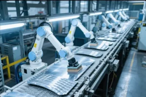 Robotic arms working on a production line, handling metal sheets for precision processing in an industrial manufacturing facility.