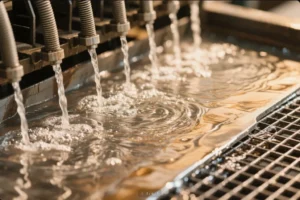 Waterjet nozzles spraying water onto a metal surface in an industrial cutting process, showcasing precision water cutting technology in a manufacturing setting.