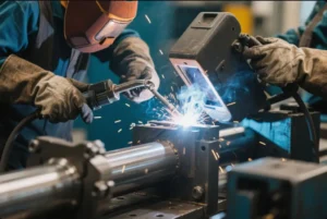 Two industrial workers welding a metal component, with sparks flying from the welding area, showcasing the precision and safety involved in heavy-duty welding operations.