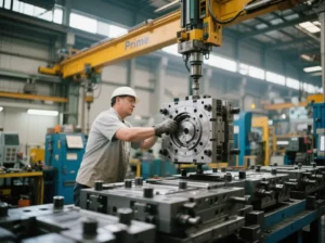 Worker in a factory operating a crane to install a large mold with Prime branding, showcasing high-precision injection mold assembly.